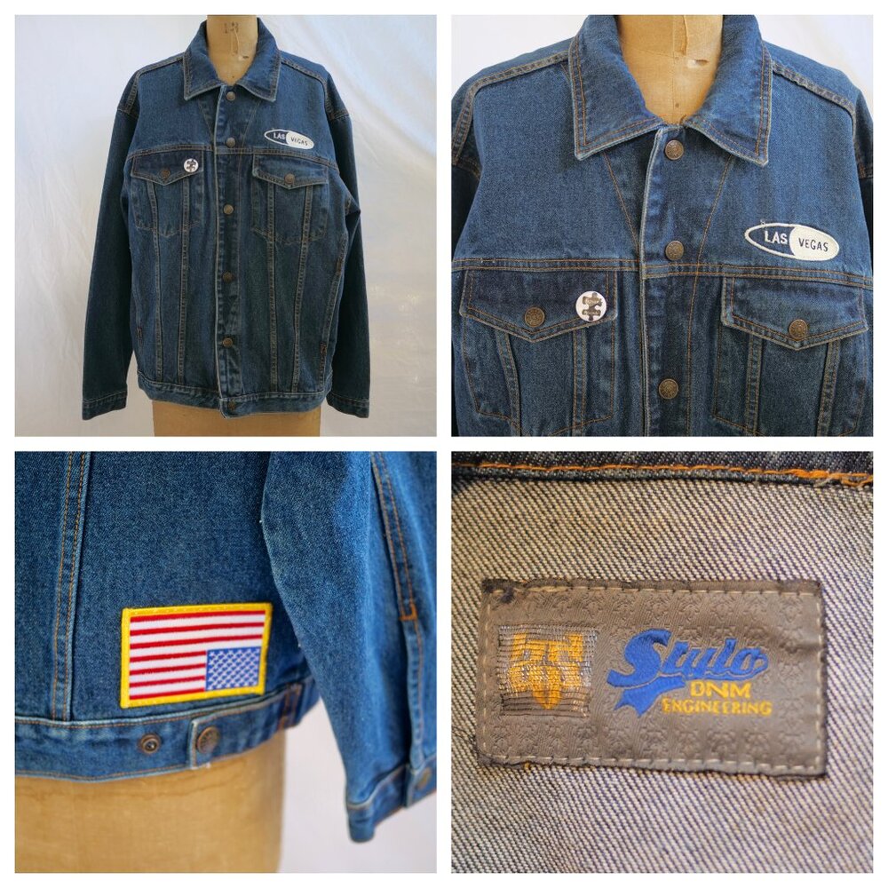 vtg 90s STYLO DNM Blue Denim Jacket Mens Las Vegas Upside Down USA Flag L EUC